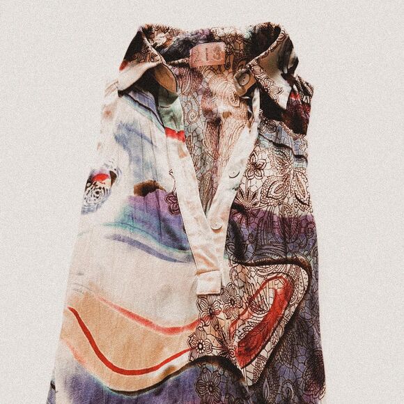 Vintage 2000s unique Sheer Boho Print Dress – Funky Retro Swirl Graphics M - Picture 1 of 8